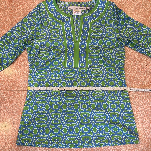Gretchen Scott Womens V Neck Tunic Top Blouse Size Shrimp (XXS) Green Blue - Picture 6 of 9